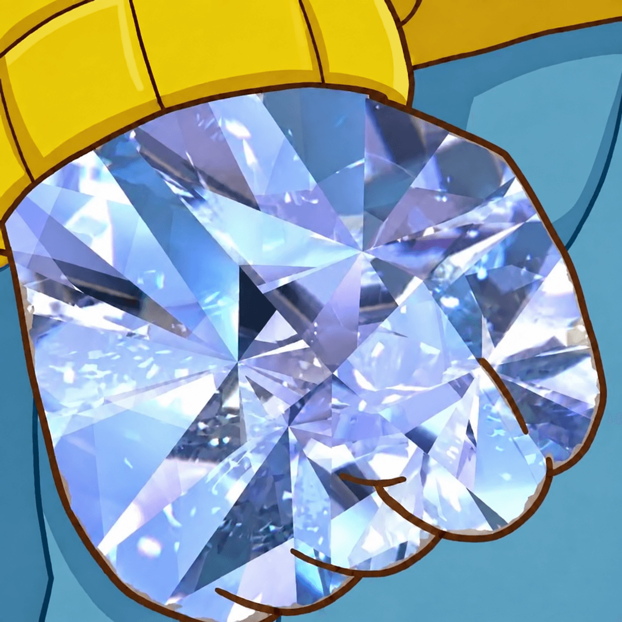 A yellow-sleeved hand gripping a giant faceted diamond after the feather was removed