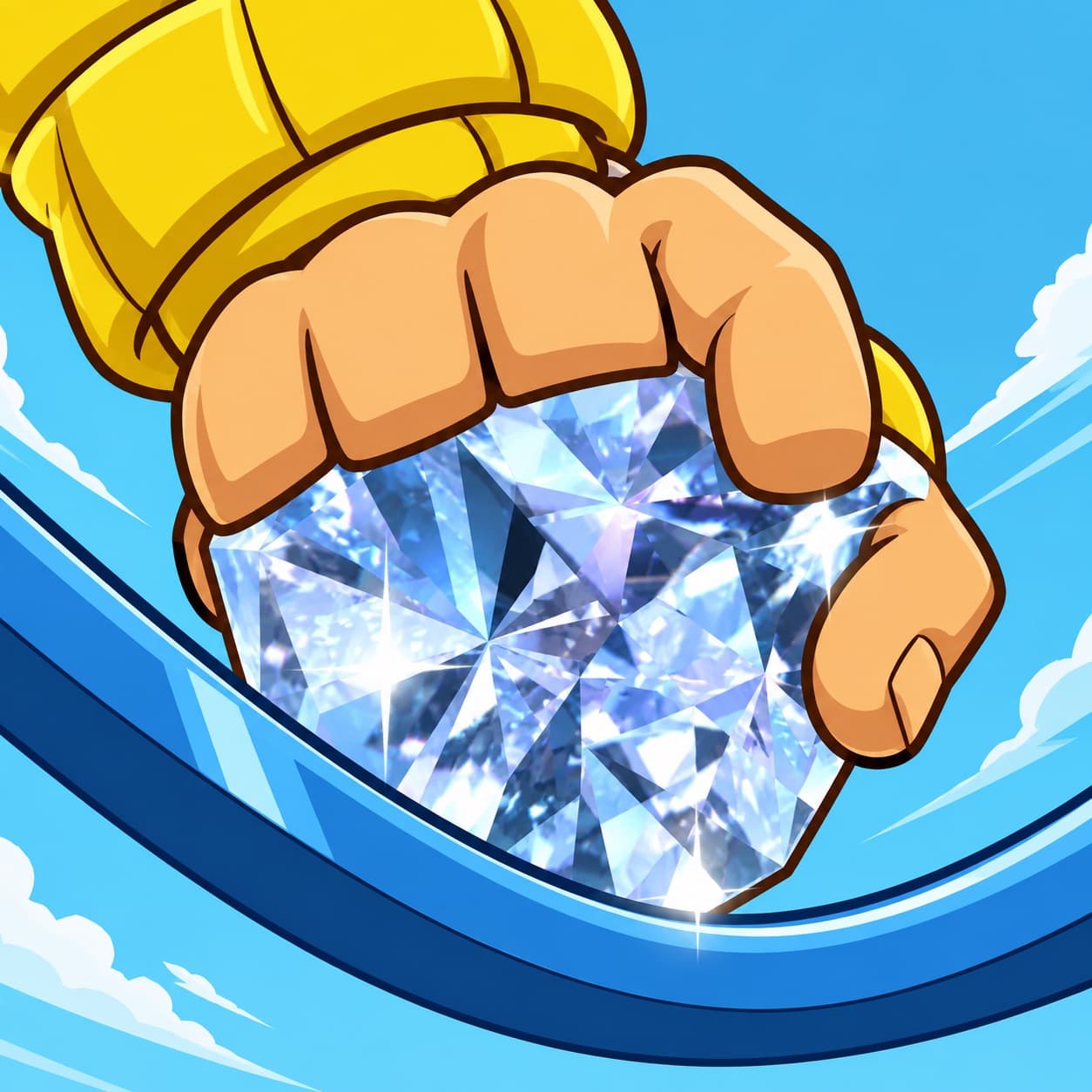 A yellow-sleeved hand gripping a diamond while riding a blue arc through the sky