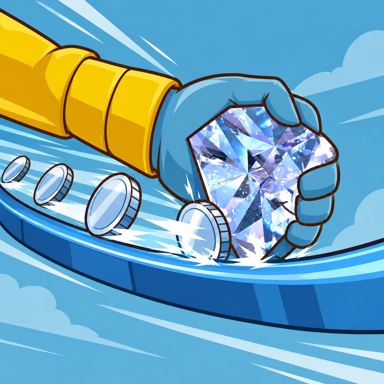 A diamond-gripping hand racing on a blue rail powered by silver coin discs