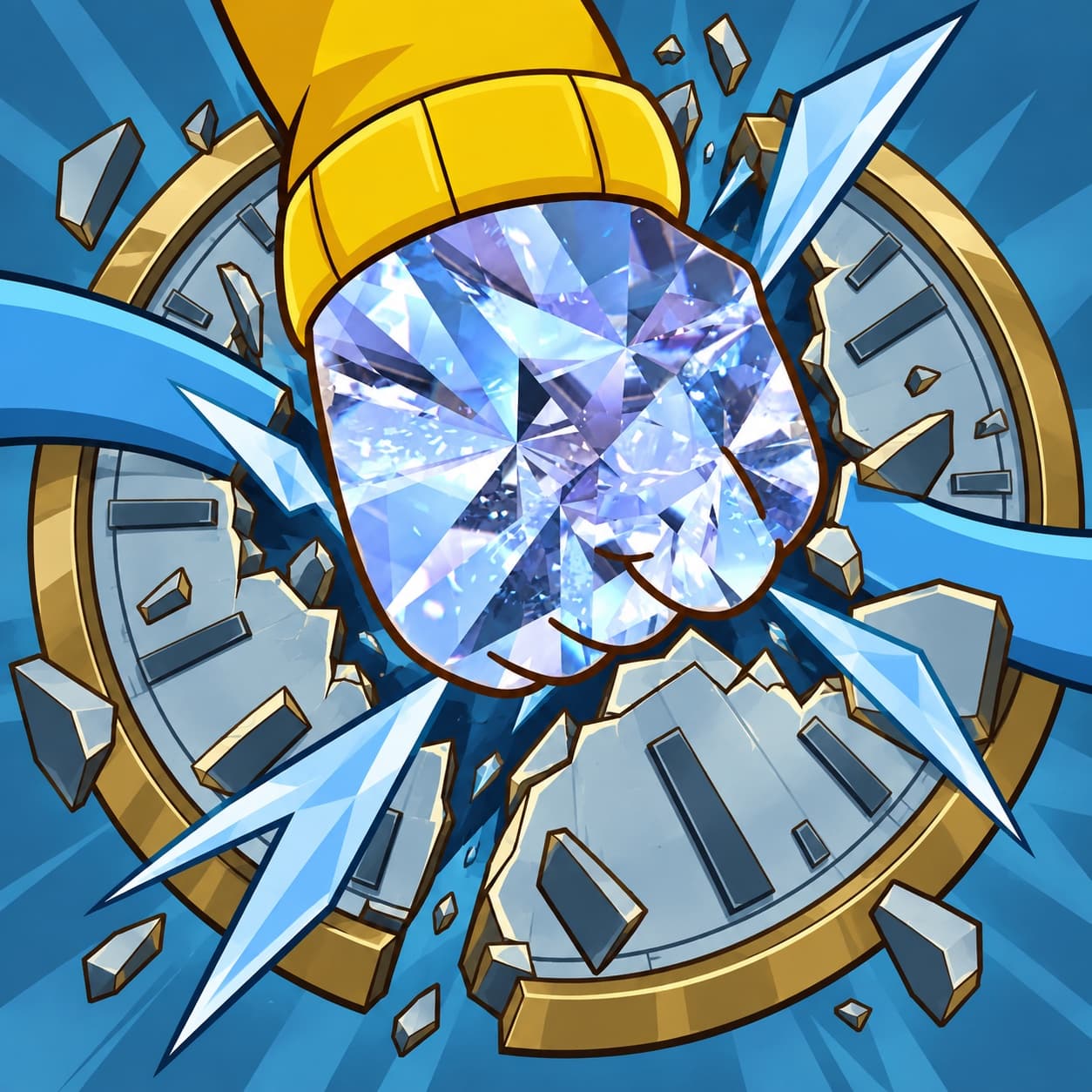 A diamond fist breaking through a mechanical clock on a blue rail