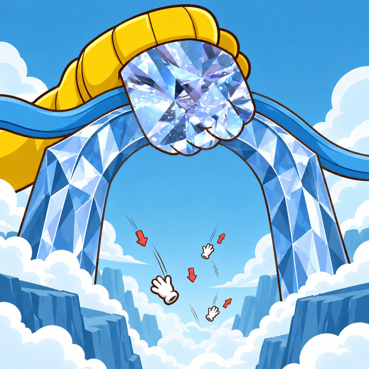 A giant diamond hand acting as the keystone of a blue arch in the sky